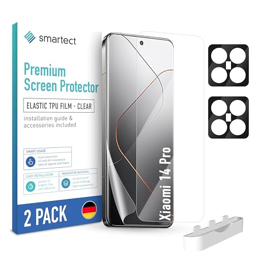 SmarTect TPU Schutzfolie [2 + 2 Stück] kompatibel mit Xiaomi 14 Pro, DISPLAY + KAMERA, Bedeckt das ganze Display, Bildschirmschutz Blasenfrei, Displayschutzfolie Anti Fingerabdruck von SmarTect