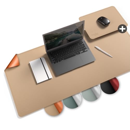 smøla Schreibtischunterlage groß, Tischunterlage I 85x40cm aus PU-Leder mit Extra Mauspad XXL I Schreibunterlage Kinder Büro abwischbar I Doppelseitig (Sand-Beige/Cognac) von smøla