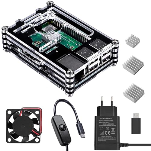 Für Raspberry Pi 3 b+ b Gehäuse,mit 5.1V 3A Netzteil mit EIN/aus Schalter + Lüfter + 3X Aluminium Kühlkörper kompatibel mit Raspberry Pi 3 2 Model b b+ Case(für Raspberry Pi Board Nicht Enthalten) von smraza