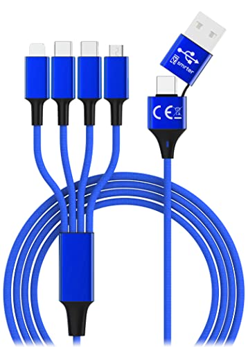 6in1 AllinOne Nylon USB Ladekabel mit USB-C und USB und 4 Anschlüssen zwei USB C, Phone und Micro USB für alle aktuellen Smartphones, Handys Tablets, ActionCams, Switch, Powerbanks - 120 cm (Blau) von smrter