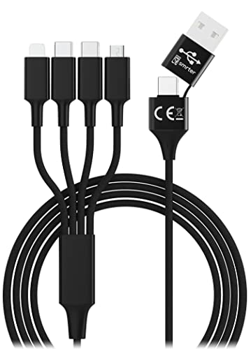 6in1 AllinOne Nylon USB Ladekabel mit USB-C und USB und 4 Anschlüssen zwei USB C, Phone und Micro USB für alle aktuellen Smartphones, Handys Tablets, ActionCams, Switch, Powerbanks - 120 cm (Schwarz) von smrter