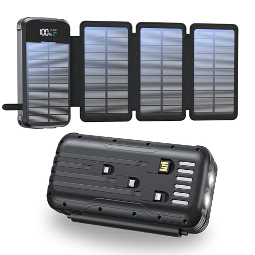 Solar Powerbank 27000mAh, Tragbare Ladegerät mit 4 Faltbar Externes Solarpanel ladegeräte 4 Integrierten Kabeln, Solar Power Bank Externer Akku mit 2 LED Taschenlampe für Smartphones, Tablets(Schwarz) Solar Powerbank 27000mAh, Tragbare Ladegerät mit 4 Faltbar Externes Solarpanel ladegeräte 4 Integrierten Kabeln, Solar Power Bank Externer Akku mit 2 LED Taschenlampe für Smartphones, Tablets(Schwarz) von snomh