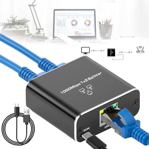 Ethernet Splitter 1 auf 2, 1000Mbps LAN Switch 2 Port, Netzwerk Switch mit USB-Stromkabel, LAN Splitter für Computer, Router, Set-Top Box, Digital TV von songyea