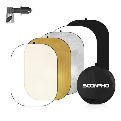 Soonpho 5 in 1 Faltreflektor Reflektor Fotografie Diffusor Ovaler Mit Reflektierendem Clip 80×120CM(Gold, Silber,Schwarz,Transparent,Weiß) mit Sclip für Studio Außenbeleuchtung von soonpho