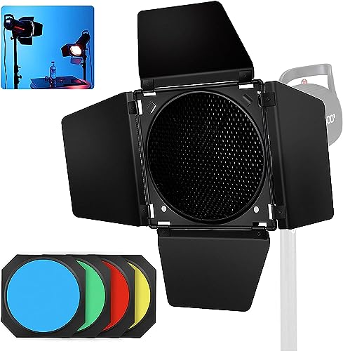 Soonpho BD-04 Barn Door Metall Scheunentür & Wabenraster & 4 Farb Gel Filter Set für 7" Standard Reflektor Bowens Mount Kompatibel mit GODOX LED Video Light para NEEWER Amaran Aputure von soonpho