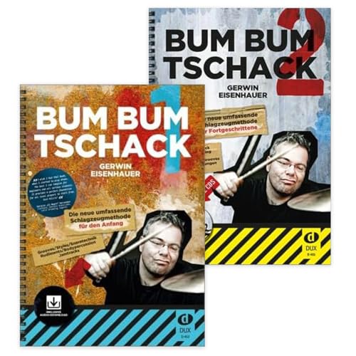 Bum Bum Tschack Band 1 mit Audio-Download + Band 2 mit 2 CDs (ISBN 9783868490008 + 9783868492026) - Schlagzeugschule von Gerwin Eisenhauer - Soundman Notenheft + 2 Bleistifte (Starterset) von soundman