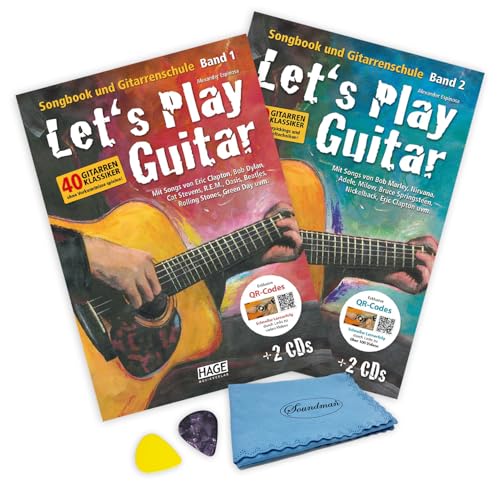 Let's Play Guitar Bd. 1 u. Bd. 2 - Songbook und Gitarrenschule mit 2 CDs und QR-Codes von Alexander Espinosa - Band 1 u. Band 2 - ISBN 9783866261587 9783866262393 + Pleks u. Reinigungstuch(Starterset) von soundman