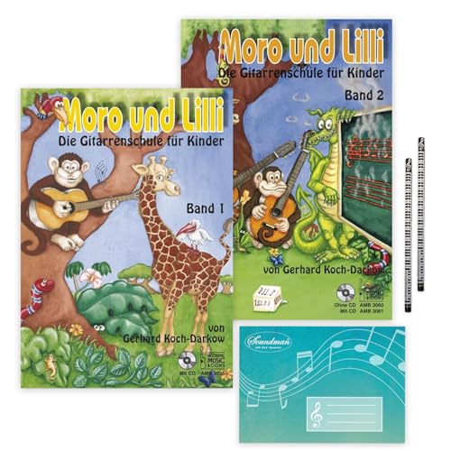 Moro und Lilli Band 1 und 2: (Starterset) mit CD - Die Gitarrenschule für Kinder von Gerhard Koch-Darkow AMB3035/AMB3061 - ISBN 9783869470351/9783869470610 + Soundman Notenheft + 2 Bleistifte von soundman