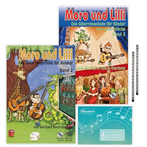 Moro und Lilli Band 2 und 3: (Starterset) mit CD -Die Gitarrenschule für Kinder von Gerhard Koch-Darkow - AMB3061/AMB3085 - ISBN 9783869470610 / 9783869470856 + Soundman Notenheft + 2 Bleistife von soundman