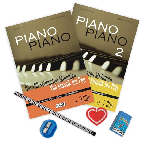 Piano Piano. 1 und 2 - Leicht arrangiert - mit CDs - Die 100 schönsten Melodien von Klassik bis Pop - Band 1 u. Band 2 - ISBN 9783930159383, 9783866260535 + Piano-Bleistift u. Notenklammer von soundman