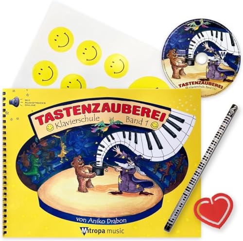 Tastenzauberei Klavierschule Band 1 mit CD + Online-Audiotracks Mikrofasertuch, Bleistift, Notenklammer und 7 lustigen Smiley-Stickern - Spiralbuchbindung von soundman