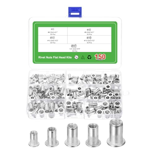 sourcing map 150 Stück Nietmuttern, #6–32, #8–32, #10–24, #10–32, 1/4-Zoll-20 Aluminium-Legierung, Rändelkörper von sourcing map