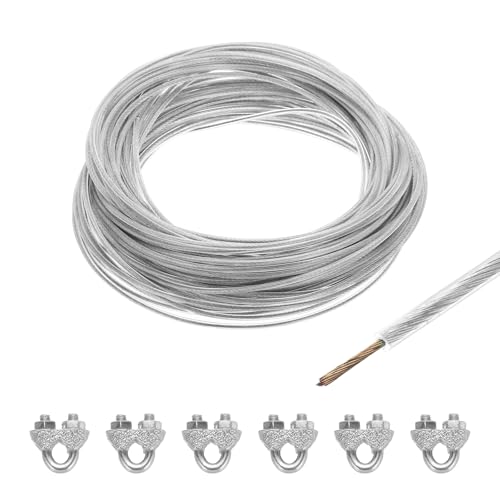 sourcing map Drahtseil aus verzinktem Stahl, 2,5 mm, transparent, vinylbeschichtet, 30 m, mit 6 M3-Schlaufenhülsen zum Aufhängen von Lichterketten, Deckgeländer, Gartendraht von sourcing map