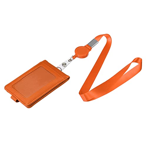 sourcing map ID Ausweishalter mit Einziehbarem Reel Lanyard PU Leder Vertikale Kartenfächer Fenster Ersatz für Büro Orange von sourcing map