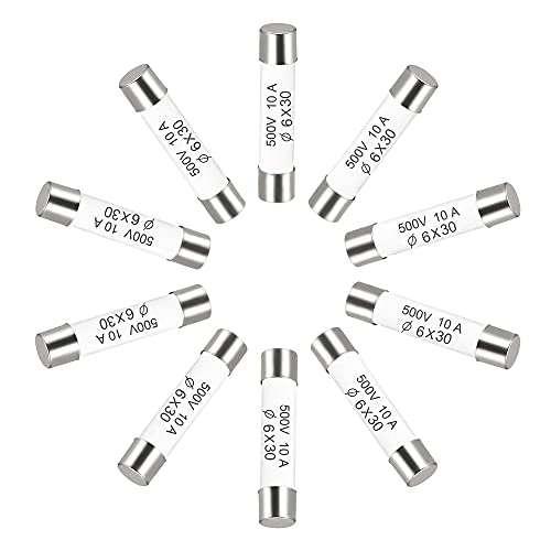 sourcing map Keramik-Kartuschensicherungen, 10 A, 500 V, 6 x 30 mm, Keramik-Sicherungen, schneller für Verstärker, Energiesparlampe, Vorschaltgerät, 10 Stück von sourcing map