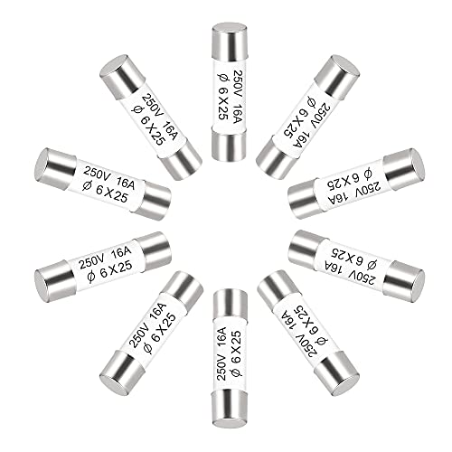sourcing map Keramik-Kartuschensicherungen, 16 A, 250 V, 6 x 25 mm, Keramik-Sicherungen, schneller f眉r Verst盲rker, Energiesparlampe, Vorschaltger盲t, 10 St眉ck von sourcing map