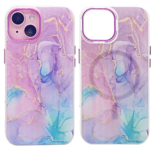 sousukue Magnetische Hülle für iPhone 15 6,1 Zoll kompatibel mit MagSafe Weiches Silikon Durchscheinend Matte Kante Ultra Slim Cute Case für 15 2023 (Lila Blau Rosa Marmor) von sousukue