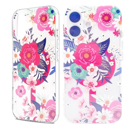 sousukue Magnetische Schutzhülle für iPhone 16, 15,5 cm (6,1 Zoll), kompatibel mit MagSafe, weiches TPU, harte Rückseite aus Polycarbonat, stoßfest, niedliche Abdeckung, rot-rosa Blumen von sousukue