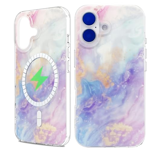 sousukue Magnetische Schutzhülle für iPhone 16, 15,5 cm (6,1 Zoll), kompatibel mit MagSafe, weiches TPU-Stoßdämpfer, harte Rückseite aus Polycarbonat, stoßfest, niedlicher Nebel, Marmor von sousukue