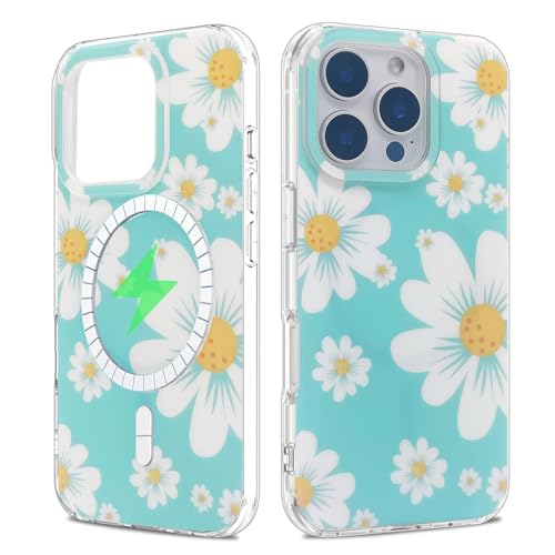 sousukue Magnetische Schutzhülle für iPhone 16 Pro, 16 cm (6,3 Zoll), kompatibel mit MagSafe, weiches TPU, harte Rückseite aus Polycarbonat, stoßfest, niedlich, Grün / Weiß, Gänseblümchen von sousukue