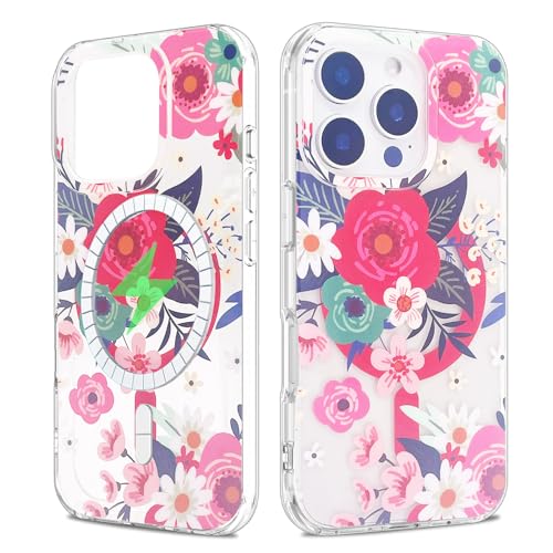 sousukue Magnetische Schutzhülle für iPhone 16 Pro, 16 cm (6,3 Zoll), kompatibel mit MagSafe, weiches TPU, harte Rückseite aus Polycarbonat, stoßfest, niedliche Abdeckung, rot-rosa Blumen von sousukue