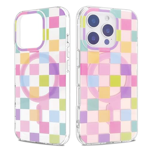 sousukue Magnetische Schutzhülle für iPhone 16 Pro, 16 cm (6,3 Zoll), kompatibel mit MagSafe, weiches TPU-Stoßdämpfer, harte Rückseite aus Polycarbonat, stoßfest, niedliches Design, buntes Schachbrett von sousukue
