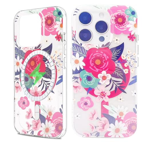 sousukue Magnetische Schutzhülle für iPhone 16 Pro Max 17,5 cm (6,9 Zoll), kompatibel mit MagSafe, weiches TPU, harte Rückseite aus Polycarbonat, stoßfest, niedlich, rot-rosa Blumen von sousukue