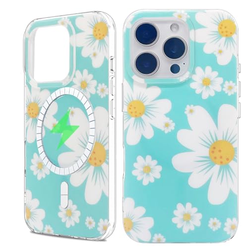 sousukue Magnetische Schutzhülle für iPhone 16 Pro Max 17,5 cm (6,9 Zoll), kompatibel mit MagSafe, weiches TPU-Stoßdämpfer, harte Rückseite aus Polycarbonat, stoßfest, niedlich, Grün / Weiß von sousukue
