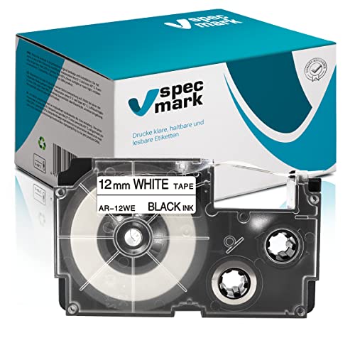 Specmark Schriftband XR-12WE Farbbandersatz für Etikettendrucker - Farbe des Bandes Weiß - Druckfarbe Schwarz - Kompatibel mit den Meisten Casio Druckern - Etikettendruckmaschinen - 12mm x 8m von specmark