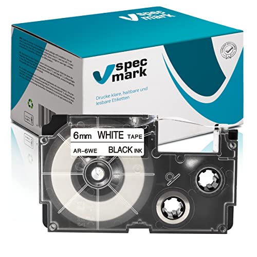 Specmark Schriftband XR-6WE Farbbandersatz für Etikettendrucker - Farbe des Bandes Weiß - Druckfarbe Schwarz - Kompatibel mit den Meisten Casio Druckern - Etikettendruckmaschinen - 6mm x 8m von specmark