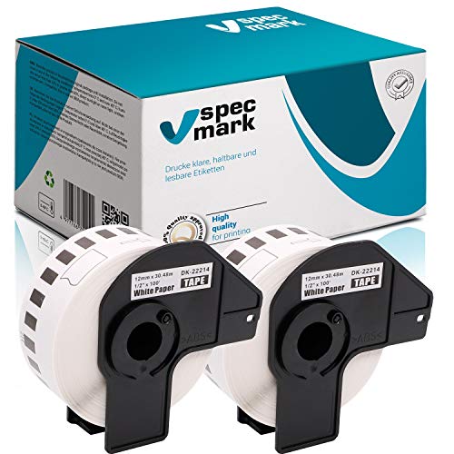 specmark 2 Rollen Endlosetiketten kompatibel mit Brother DK-22214 12mm x 30,48m Etiketten für allen QL-Etikettendruckern QL-570 QL-700 QL-800 von specmark