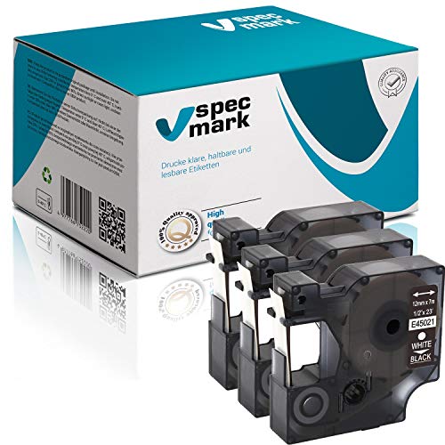 specmark Passend für DYMO D1 45021 S0720560 Schriftband 12mm x 7m Satz x 3 St. Weiß auf Schwarz Kompatibel mit LM LabelManager LP LabelPoint LW LabelWriter DUO von specmark