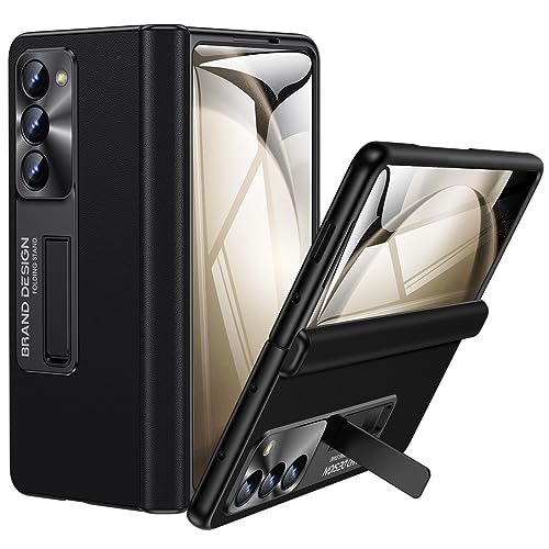 spoovcto Schutzhülle für Samsung Galaxy Z Fold 5: [Hautfelling] Echtes Leder Fold 5 Kickstand Case – Displayschutzfolie & Scharnierschutz – Stoßfeste Schutzhülle für Fold 5 5G 2023 Schwarz von spoovcto