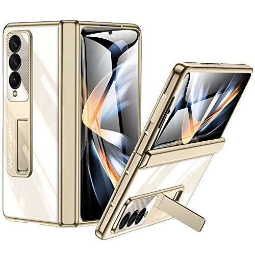spoovcto für Galaxy Samsung Z Fold 4 Hülle, Transparent Überzug PC Crystal Clear Phone Case für Samsung Z Fold 4, für Z Fold 4 Hülle mit Federscharnier Kickstand (Gold) von spoovcto