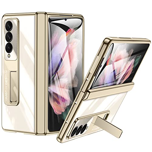 spoovcto für Samsung Galaxy Z Fold 3 Hülle, Transparent Überzug PC Crystal Clear Phone Case für Samsung Z Fold 3, für Z Fold 3 Hüllel mit Federscharnier Kickstand (Gold) von spoovcto