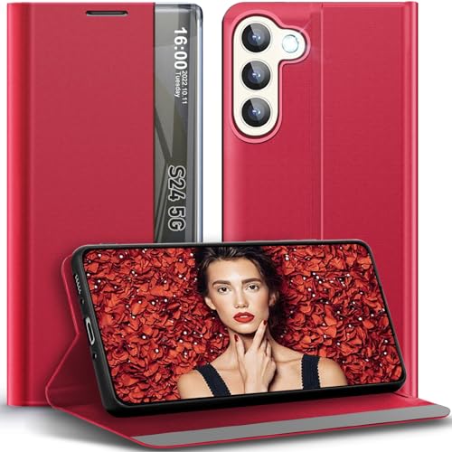 S24 Handyhülle für Samsung Galaxy S24 5G Hülle Leder - Kompatibel mit Sichtfenster View PC Tasche für Galaxy S24 Schutzhülle für Samsung S24 5G Handytasche Handy Hüllen Flip Case (Rot) von sqgylgl