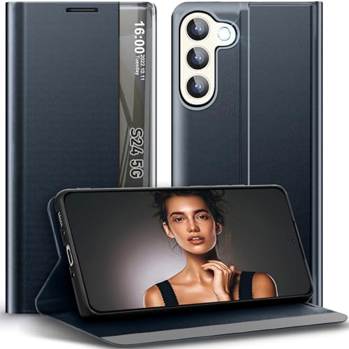 S24 Handyhülle für Samsung Galaxy S24 5G Hülle Leder - Kompatibel mit Sichtfenster View PC Tasche für Galaxy S24 Schutzhülle für Samsung S24 5G Handytasche Handy Hüllen Flip Case (Tiefes Blau) von sqgylgl