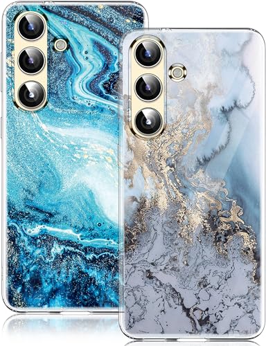 sqgylgl 2 Stücke für Samsung Galaxy S24 FE Hülle Silikon 360 Case Transparent TPU Flexible Blume Tasche Galaxy S24 FE Marmor Handyhülle Blume Schutzhülle für Samsung S24 FE 5G (Blau) von sqgylgl