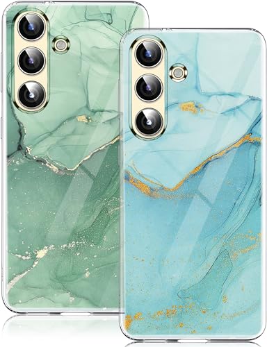 sqgylgl 2 Stücke für Samsung Galaxy S24 FE Hülle Silikon 360 Case Transparent TPU Flexible Blume Tasche Galaxy S24 FE Marmor Handyhülle Blume Schutzhülle für Samsung S24 FE 5G(Grün) von sqgylgl