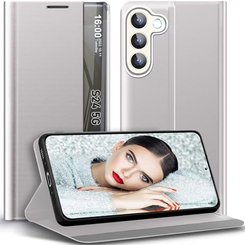sqgylgl S24 Handyhülle für Samsung Galaxy S24 5G Hülle Leder - Kompatibel mit Sichtfenster View PC Tasche für Galaxy S24 Schutzhülle für Samsung S24 5G Handytasche Handy Hüllen Flip Case (Grau) von sqgylgl