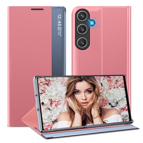 sqgylgl Schutzhülle für Samsung Galaxy A55 5G Cover, Clear View Windows Slim A55 Case mit Ständer, stoßfeste Schutzhülle für harte PC Cover für Samsung A55 5G (Rosa) von sqgylgl