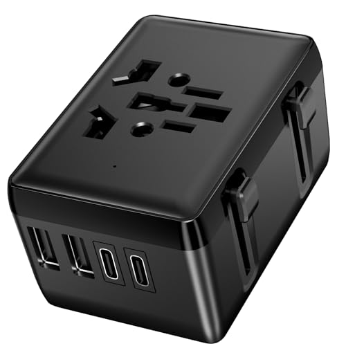 Ssouwao Reiseadapter Weltweit, Universal mit 2 USB, 2 USB C und 1 AC Steckdose für Deutschland, USA, England, Thailand, Italien, Australien (Black) von ssouwao
