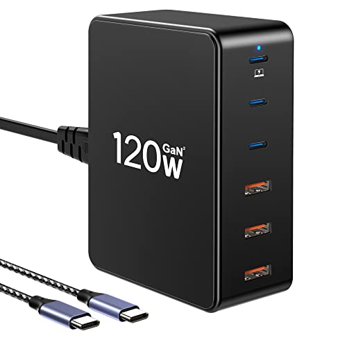 ssouwao 120W GaN 6-Port Ladegerät, Netzteil mit 3 USB-C und 3 USB-A, Schnellladestation Mehrfach Ladestecker, Laptop-Ladegerät Charger für MacBook, iPhone, iPad, Galaxy von ssouwao