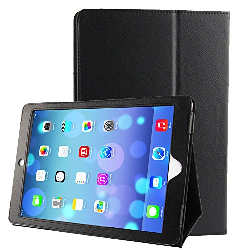 subtel® Flip Cover Tablethülle für iPad Air 1 / iPad 5 / iPad 6 (Wake/Sleep) Tablet Schutzhülle mit Ständer, Kunstleder schwarz Bookstyle Case Bumper Klapphülle faltbar - Touchpad Tasche Hülle von subtel