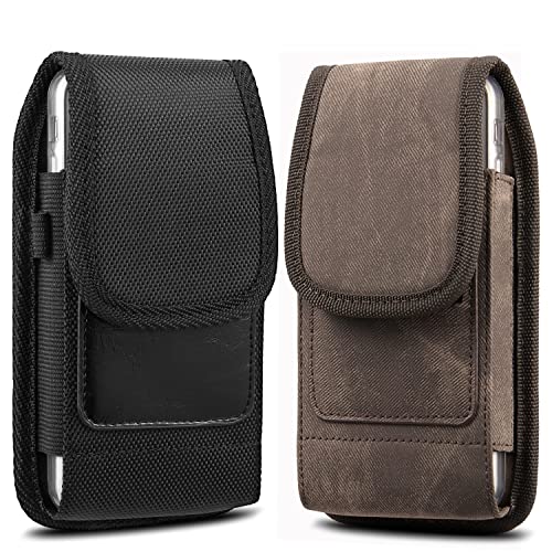 suily Nylon Telefon-Gürtelholster mit Leder Kartenfächern, Herren-Handytasche mit Ringhaken für iPhone XS/XR/iPhone 8 Plus [Für 5,5 "-Smartphones mit dickem Etui] (Schwarz + Braun) von suily