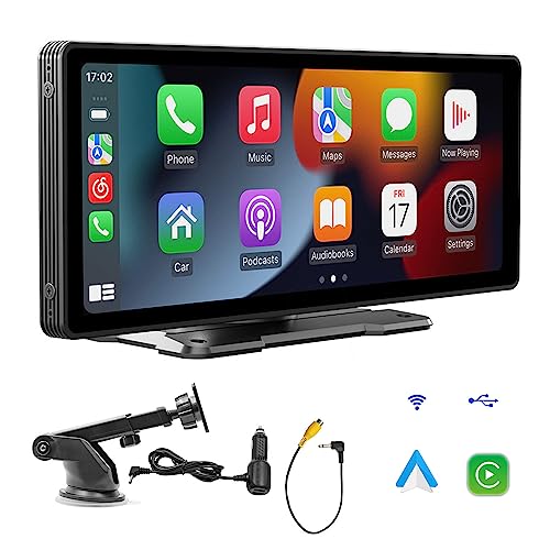 Sunweyer Tragbarer Apple CarPlay-Bildschirm und Android Auto Wireless Display Autoradio, 9,3-Zoll-HD-IPS-Touchscreen, unterstützt 1080p-Rückfahrkamera und Bluetooth/AUX/FM-Transmitter von sunweyer