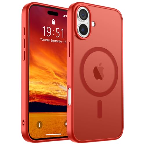 SUPFINE Magnetisch für iPhone 16 Plus Hülle [Kompatibel mit MagSafe] [Fallschutz in Militärqualität] Schlanke, durchscheinende matte stoßfeste Handyhülle mit Anti-Fingerabdruck-Handyhülle, Rot von supfine