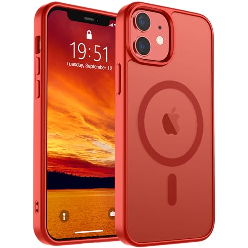 SUPFINE Magnetische Schutzhülle für iPhone 12 / iPhone 12 Pro (kompatibel mit MagSafe) (Fallschutz in Militärqualität), dünn, durchscheinend, matt, stoßfest, mit Anti-Fingerabdruck-Handyhülle, Rot von supfine