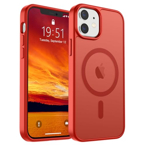 SUPFINE Magnetische Schutzhülle für iPhone 12 Mini & iPhone 13 Mini (kompatibel mit MagSafe) [Fallschutz in Militärqualität], schlanke, durchscheinende, matte, stoßfeste Handyhülle, Rot von supfine