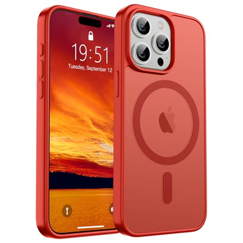 SUPFINE Magnetische Schutzhülle für iPhone 15 Pro (kompatibel mit MagSafe) [Fallschutz in Militärqualität], dünn, durchscheinend, matt, stoßfest, mit Anti-Fingerabdruck-Handyhülle, Rot von supfine
